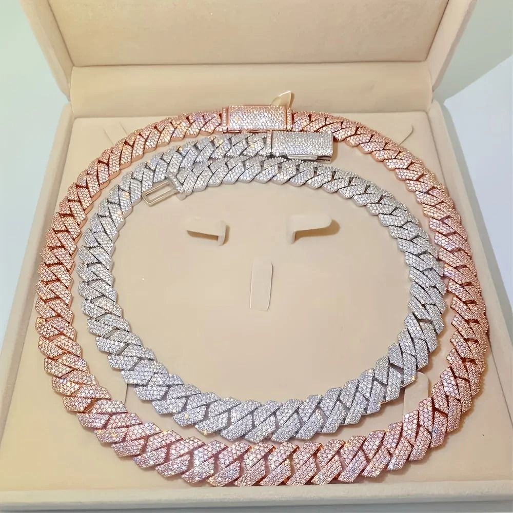 Moissanite Cuban Chain Necklace 14mm Wide Sterling Silver Mens Chain