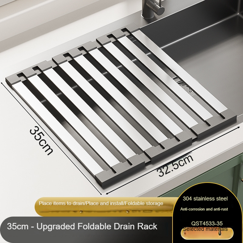 Stainless Steel Kitchen Sink Drain Rack, Fold able Telescopic Dish Rack, Space-Saving Drain Basket