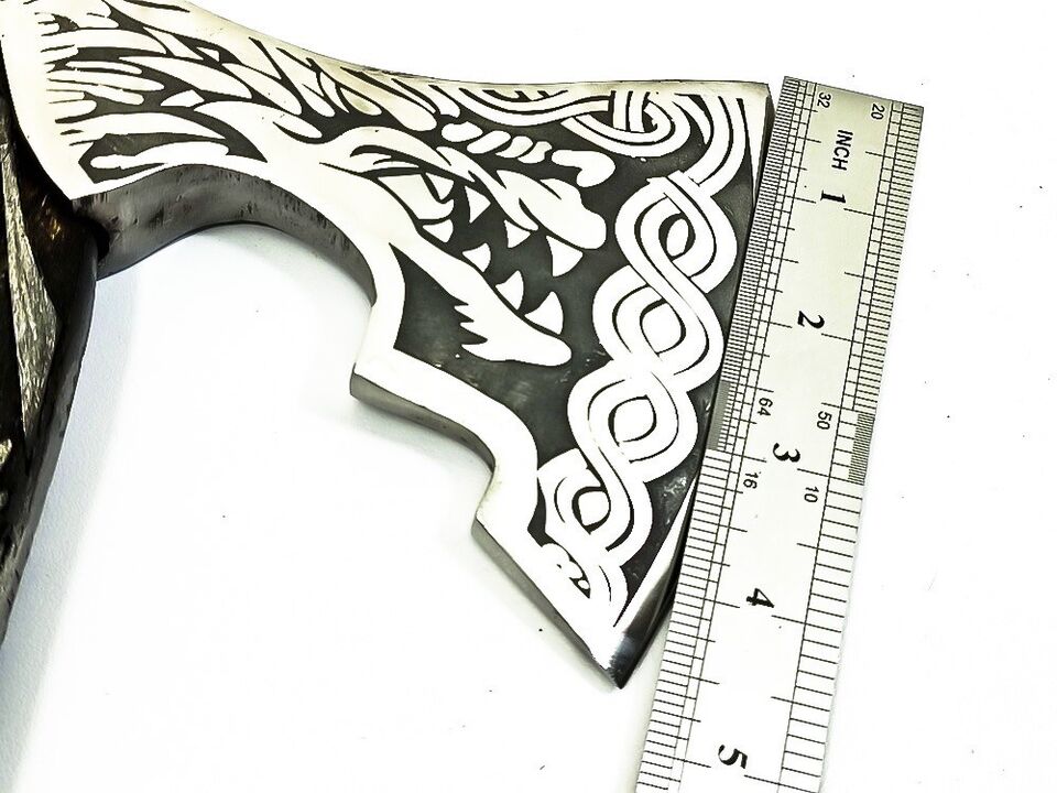 Handmade Carbon Steel Viking Throwing Axe | 19 Rare Art Axe with Carved Ashwood Handle