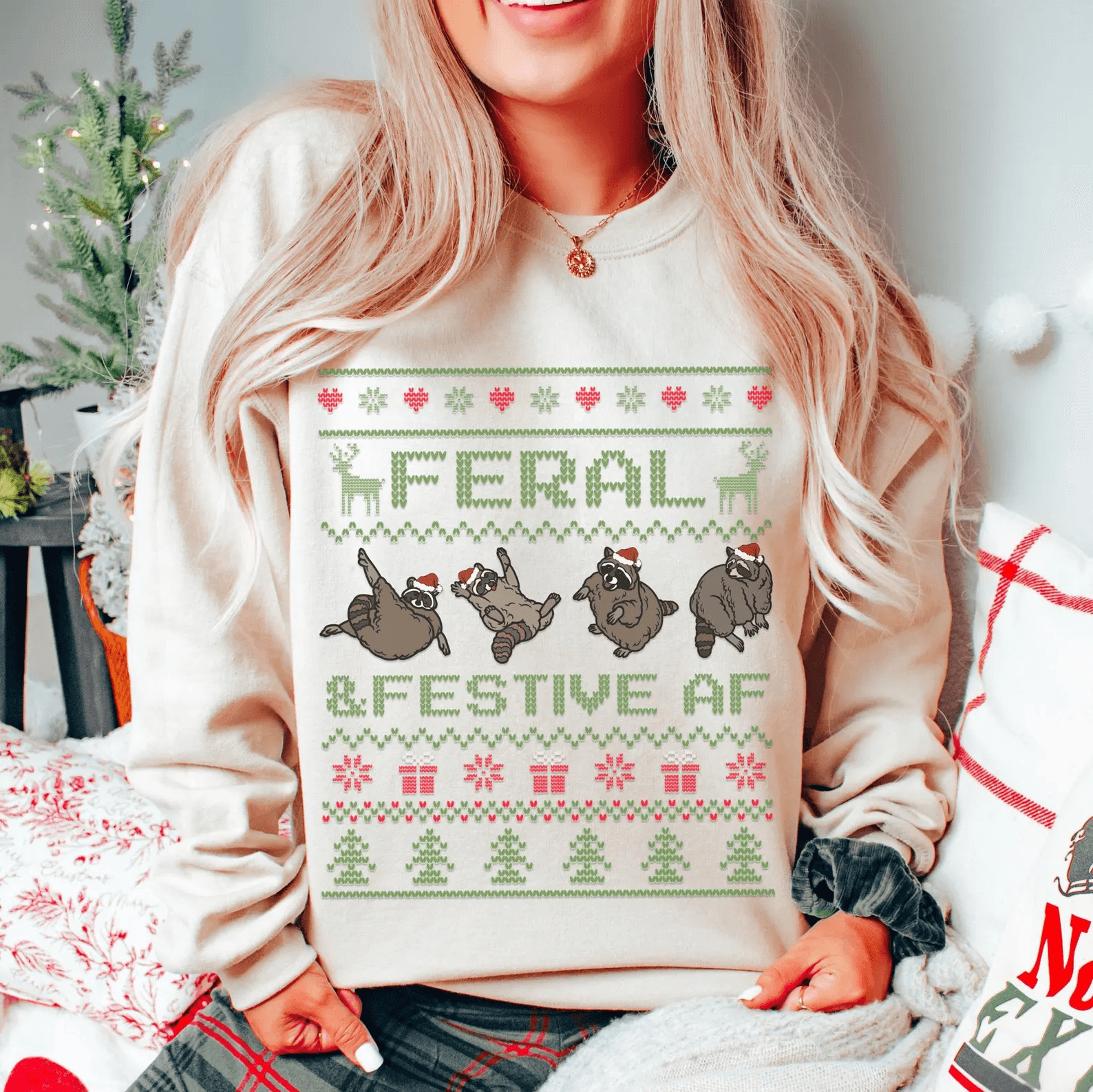 Funny Christmas Raccoon Sweatshirt Cute Ugly Christmas Sweater Festive Holiday Shirt