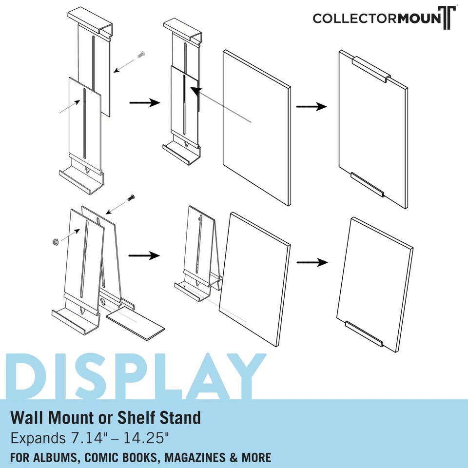 ComicMount Invisible Comic Book Display, Adjustable Wall Mount & Shelf Stand
