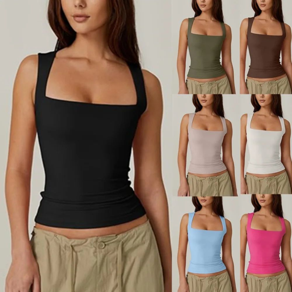 Y2K Square Neck Double-Layer Tank Top – Women's Slim Fit Sleeveless Basic Crop Camisole