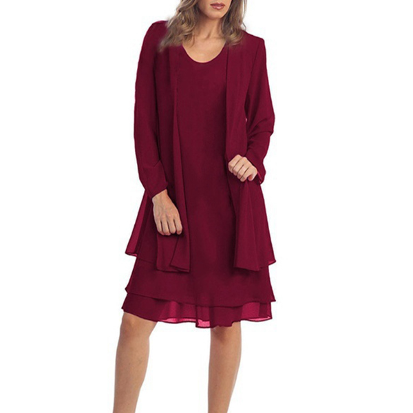 Elegant 2 Piece Chiffon Dress Set, Women Casual Long Sleeve Cardigan and Dress, Wedding Evening Party Outfit
