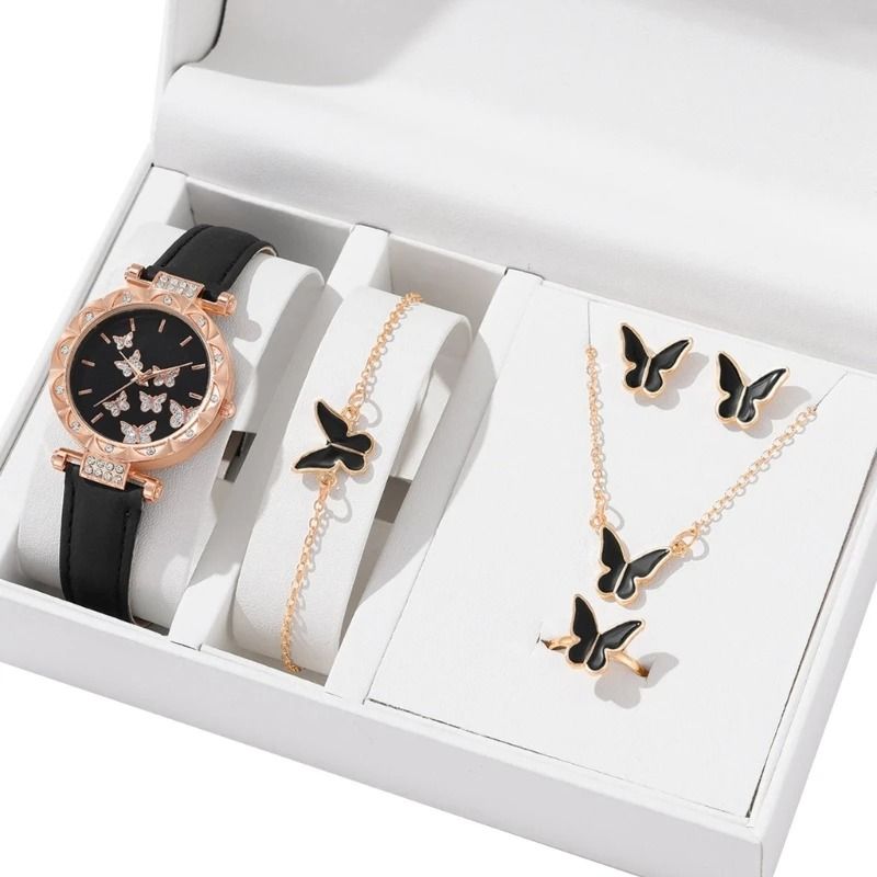 Butterfly Jewelry Set Fashion Women's Quartz Watch, Leather Band, Necklace, Earrings, Bracelet, and Adjustable Ring