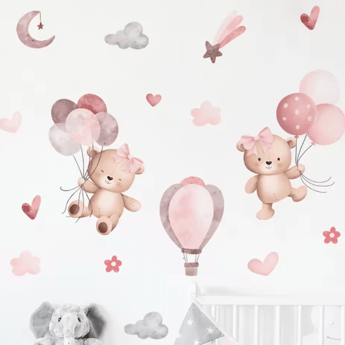 Pink Cartoon Bear Balloon Wall Stickers – Cute Kids Room & Nursery Wall Decals Decor