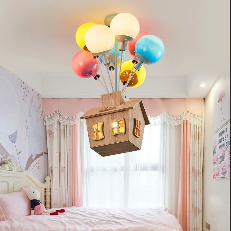 Kids Balloon Chandelier Wooden Ceiling Light Sputnik Style for Girls Room