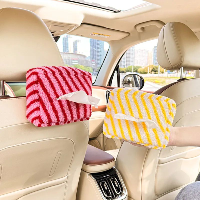 High End Striped Plush Hanging Car Tissue Box