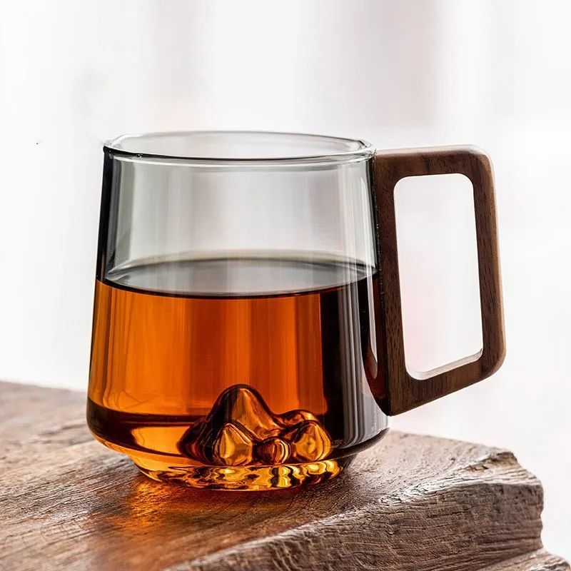 Guanshan Glass Single-Layer Cup with Wooden Handle Large-Capacity Drinking Cup for Milk Tea, Juice Household Use