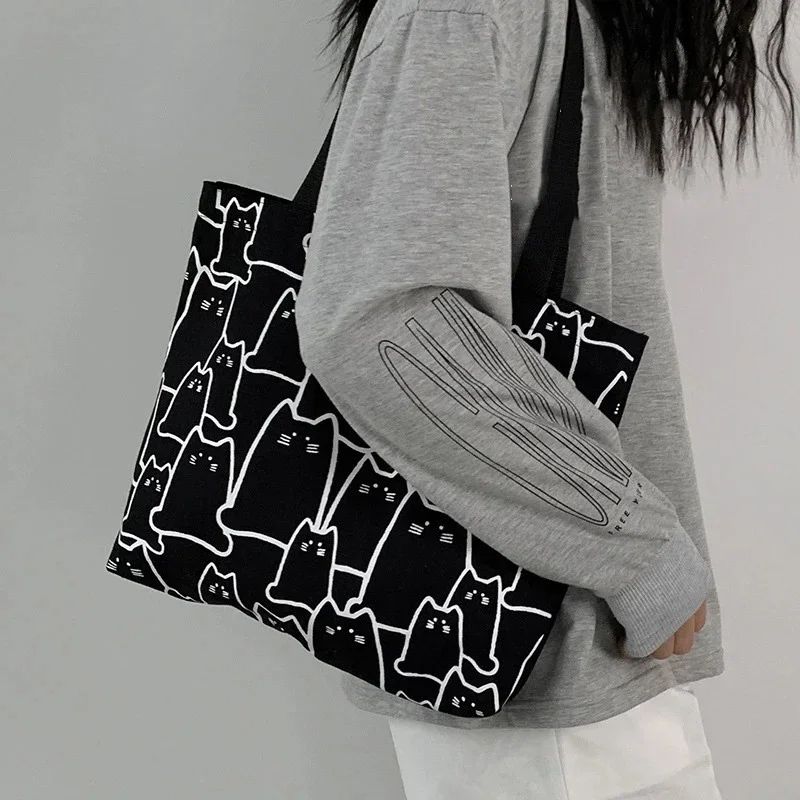 Cute Cat Canvas Tote Bag, Japanese Cartoon Shoulder Shopper Handbag for Women with Zipper