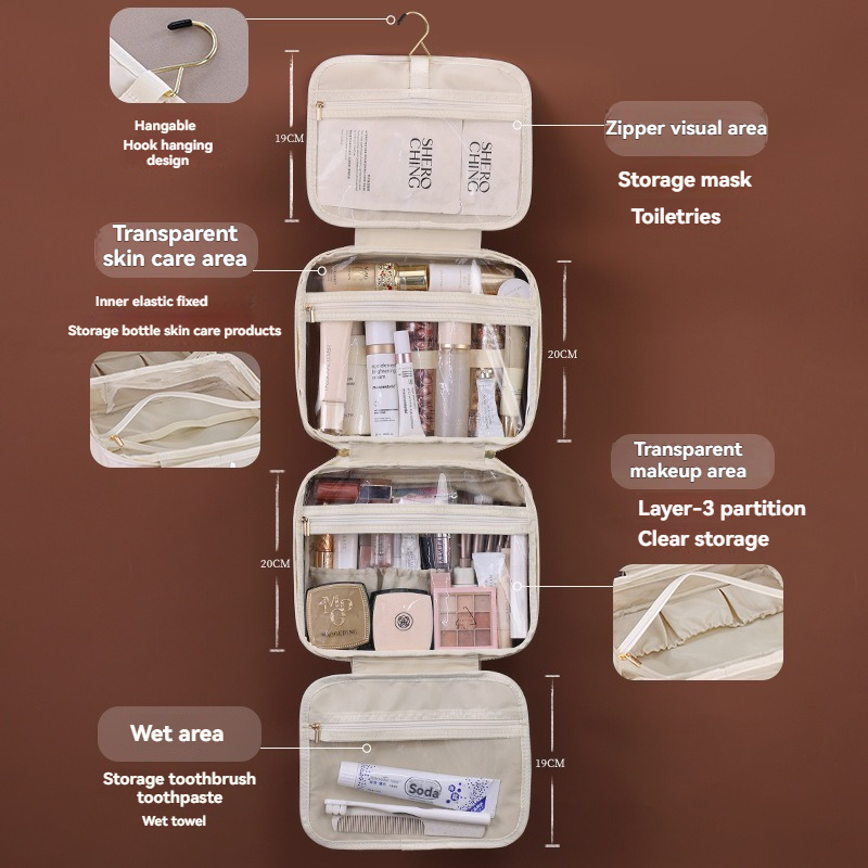 Leather Hanging Cosmetic Bag for Women, Portable Storage Makeup Organizer, Large Capacity Travel Toiletry Storage Bag