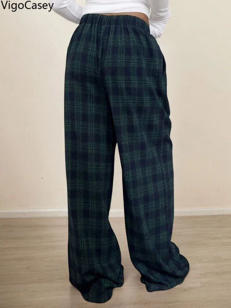 VigoCasey 2025 Women Plaid Print Casual High Waist Wide Leg Pants Green Baggy Autumn Winter Trousers