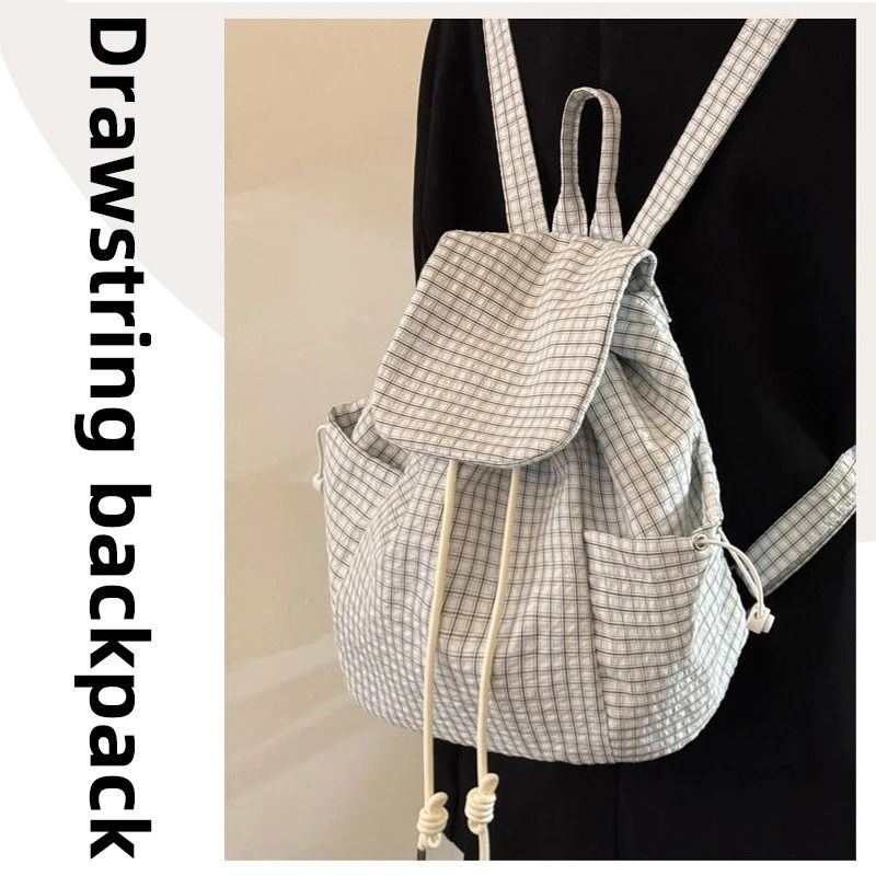Lightweight Checkered Nylon Drawstring Backpack