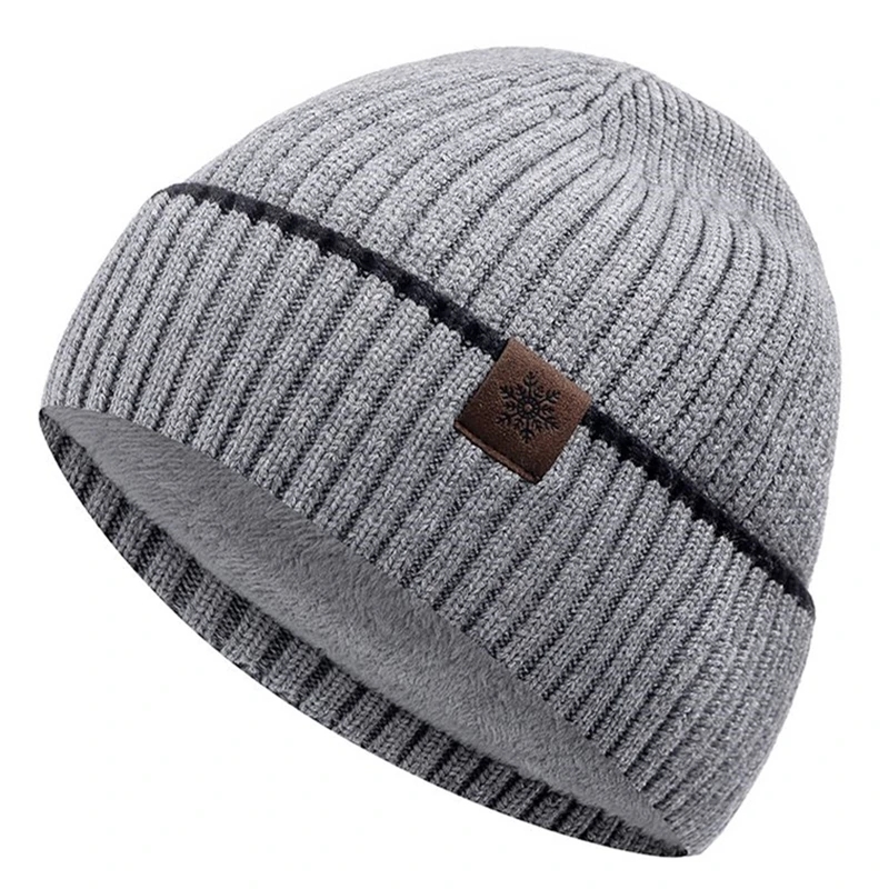 Plush Fleece Warm Winter Beanie Hat for Men, Unisex Soft Ski Sports Cap with Snow Label, Thicken Outdoor Hat