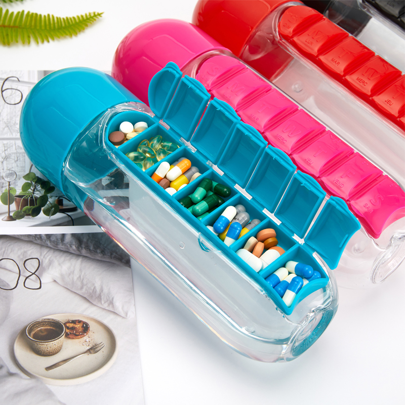 Plastic Water Bottle Combine with Medicine Box, Sports Water Cup Organizer for Pills