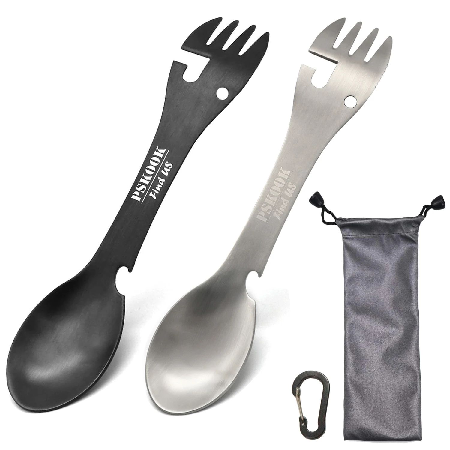 PSKOOK 5-in-1 Tactical Spork Stainless Steel Camping Utensil with Bottle and Can Opener