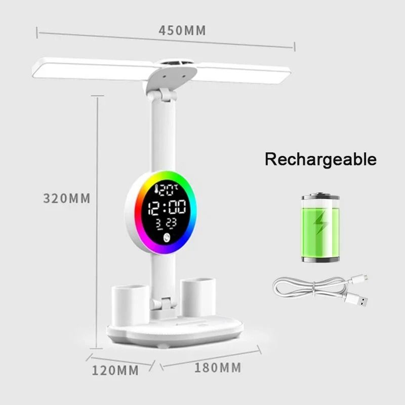 Rechargeable LED Table Lamp with Fan Clock Display Reading Desk Light Night Light