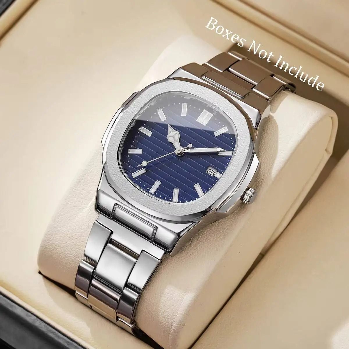 Men Square Dial Stainless Steel Quartz Watch with Calendar