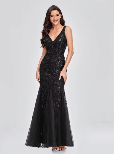 Elegant V Neck Sequin Dress Sleeveless Socialite Summer Evening Gown