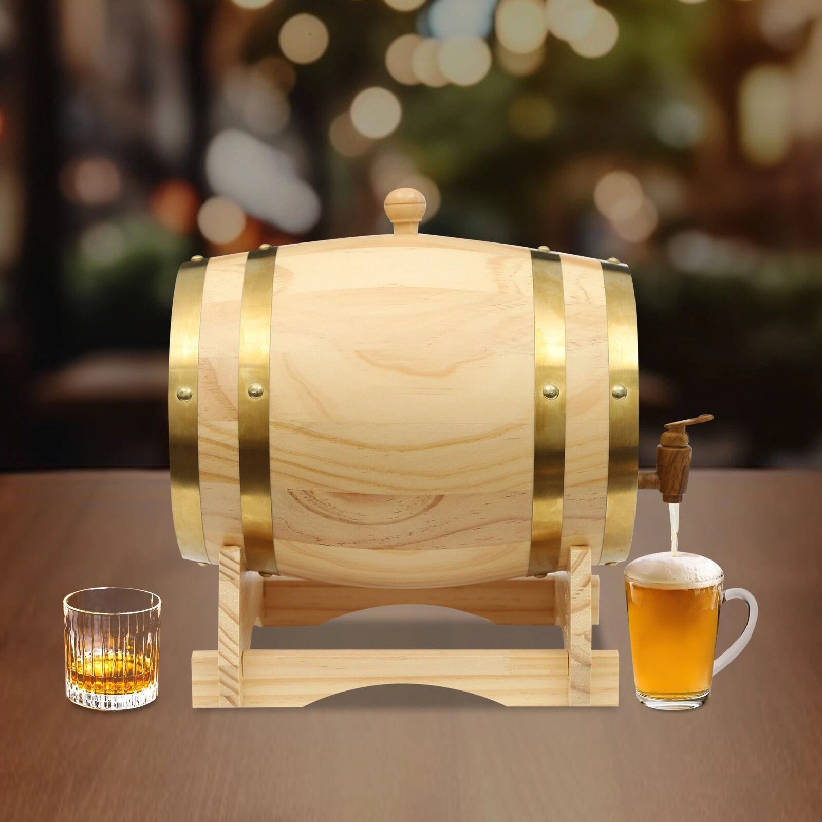 Wine Barrel with Faucet on Decorative Pine Wood Stand for Whiskey & Wine