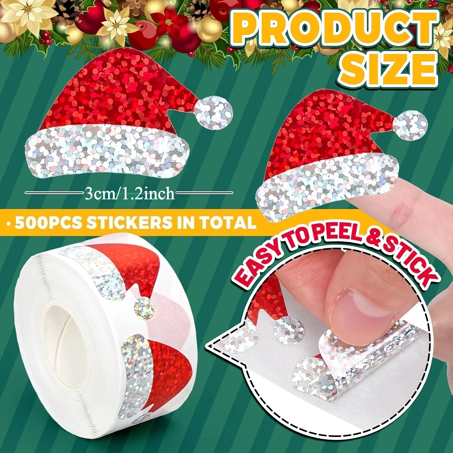 Laser Santa Hat Christmas Sticker Roll 500pcs