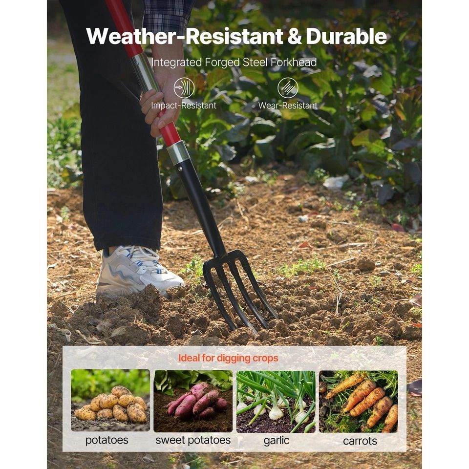Heavy Duty Tines Garden Fork with Fiberglass Handle, Digging Spading Pitchfork