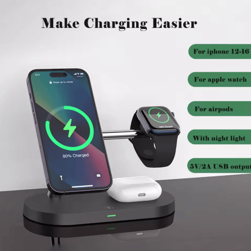 3-in-1 Magnetic Wireless Charging Station – Fast MagSafe Stand for iPhone, Apple Watch & AirPods