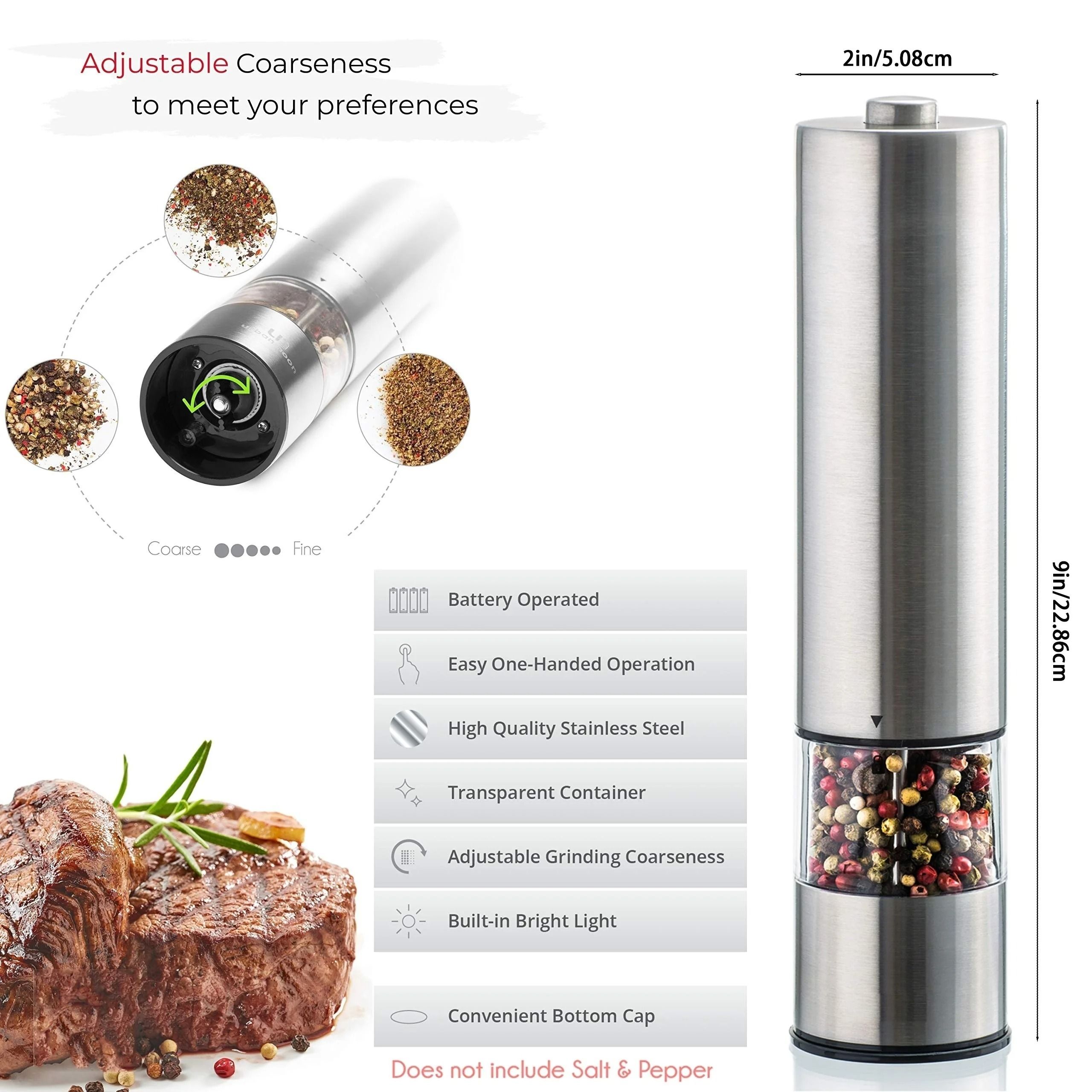 AutoGrind Electric Salt and Pepper Grinder Stainless Steel Automatic Pepper Mill One Hand Operation with LED Light