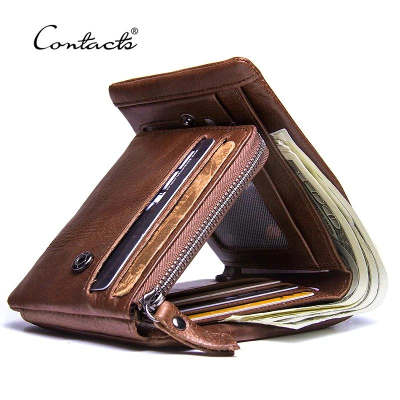 CONTACT'S Crazy Horse Leather Vintage Trifold Wallet with Zip Coin Pocket