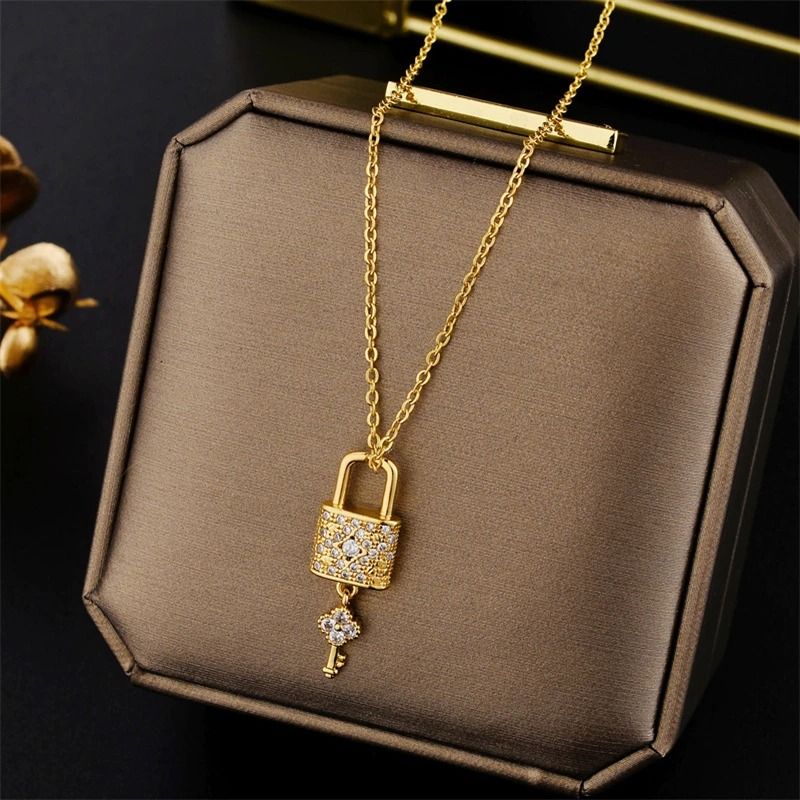 Zircon Crystal Lock and Key Pendant Necklace