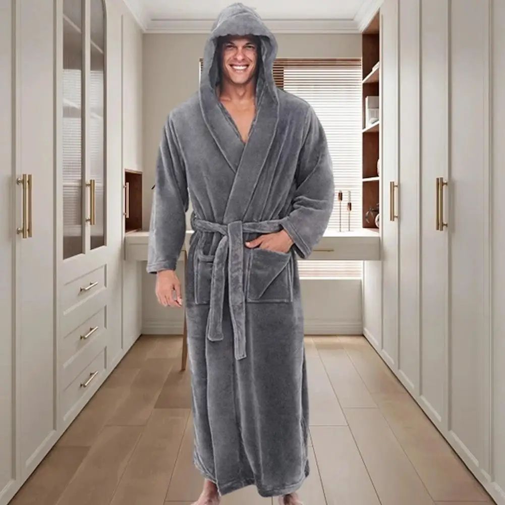 Men's Hooded Flannel Bathrobe Soft Plush Long Lounge Robe Thick Warm Home Sleepwear