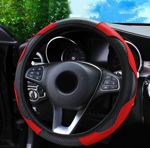 Red & Black Leather Car Steering Wheel Cover, Anti-slip Carbon Fiber, Universal Fit