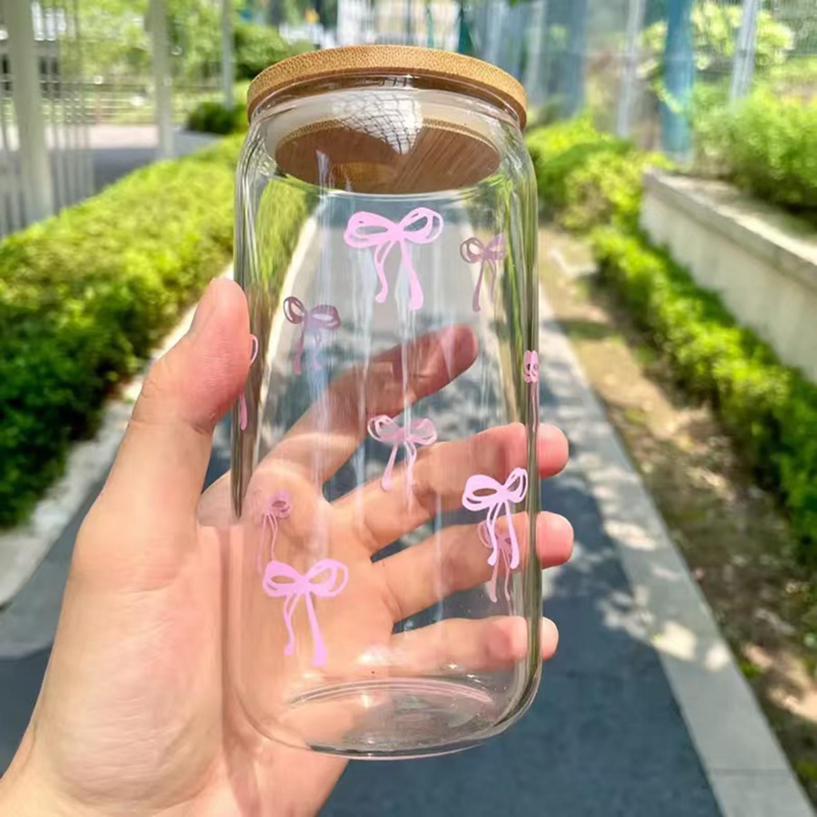 Cute Aesthetic Bow Shape Glass Cup with Lid, Straw Drinkware Iced Coffee Tumbler Matcha Tea Bottle Girls Gift