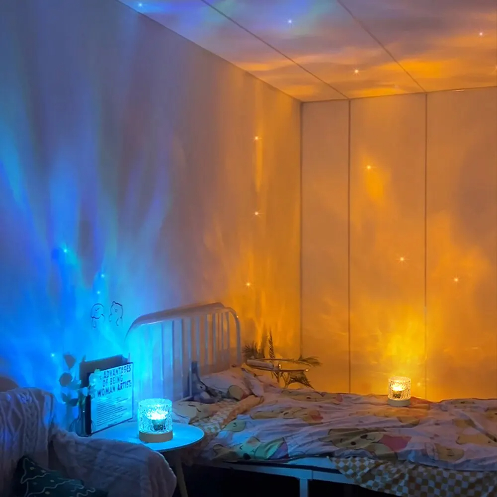 Rechargeable LED Water Ripple Projector Night Light, Remote Control RGB Dimmable Crystal Table Lamp for Bedroom
