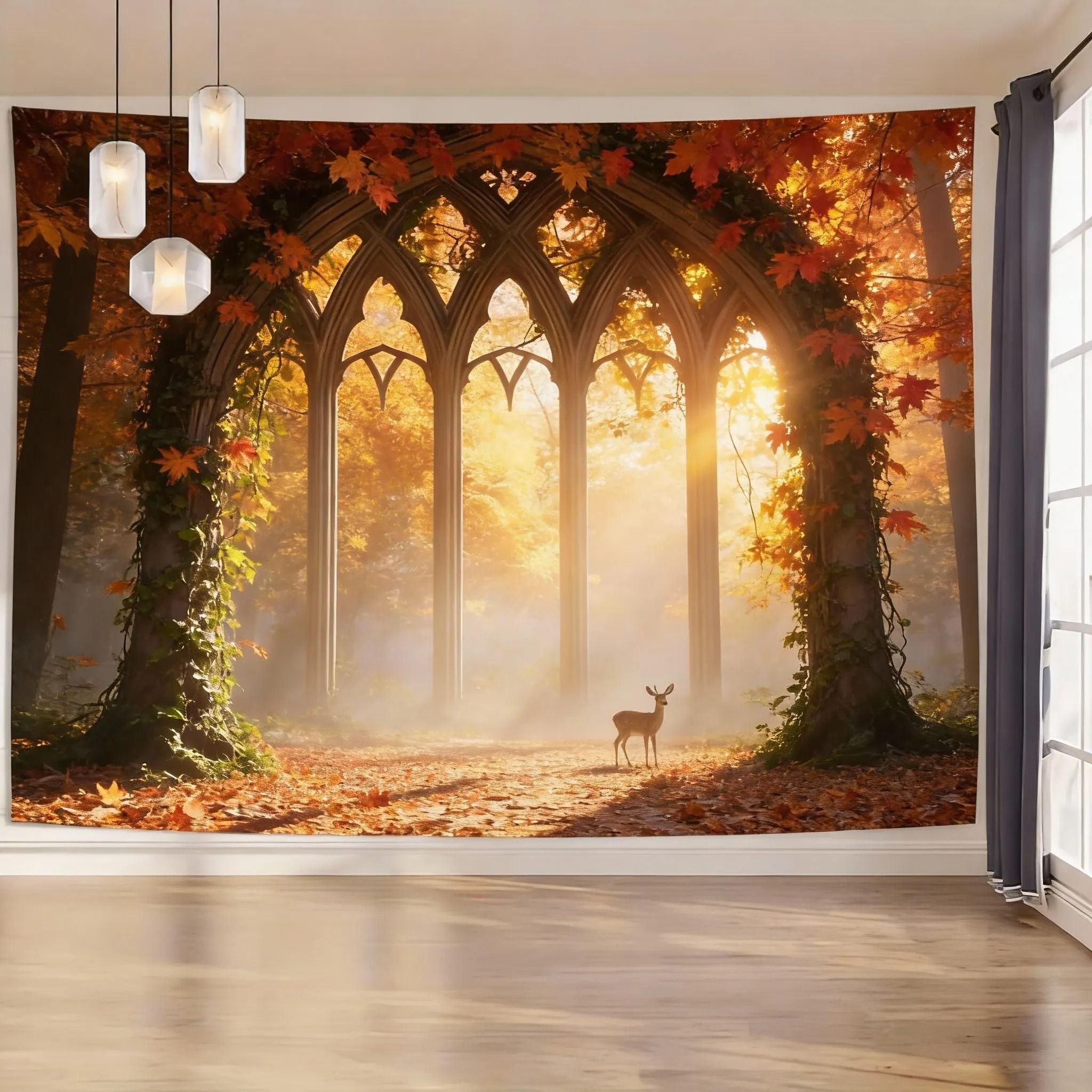 Enchanted Gothic Window Lush Garden Tapestry