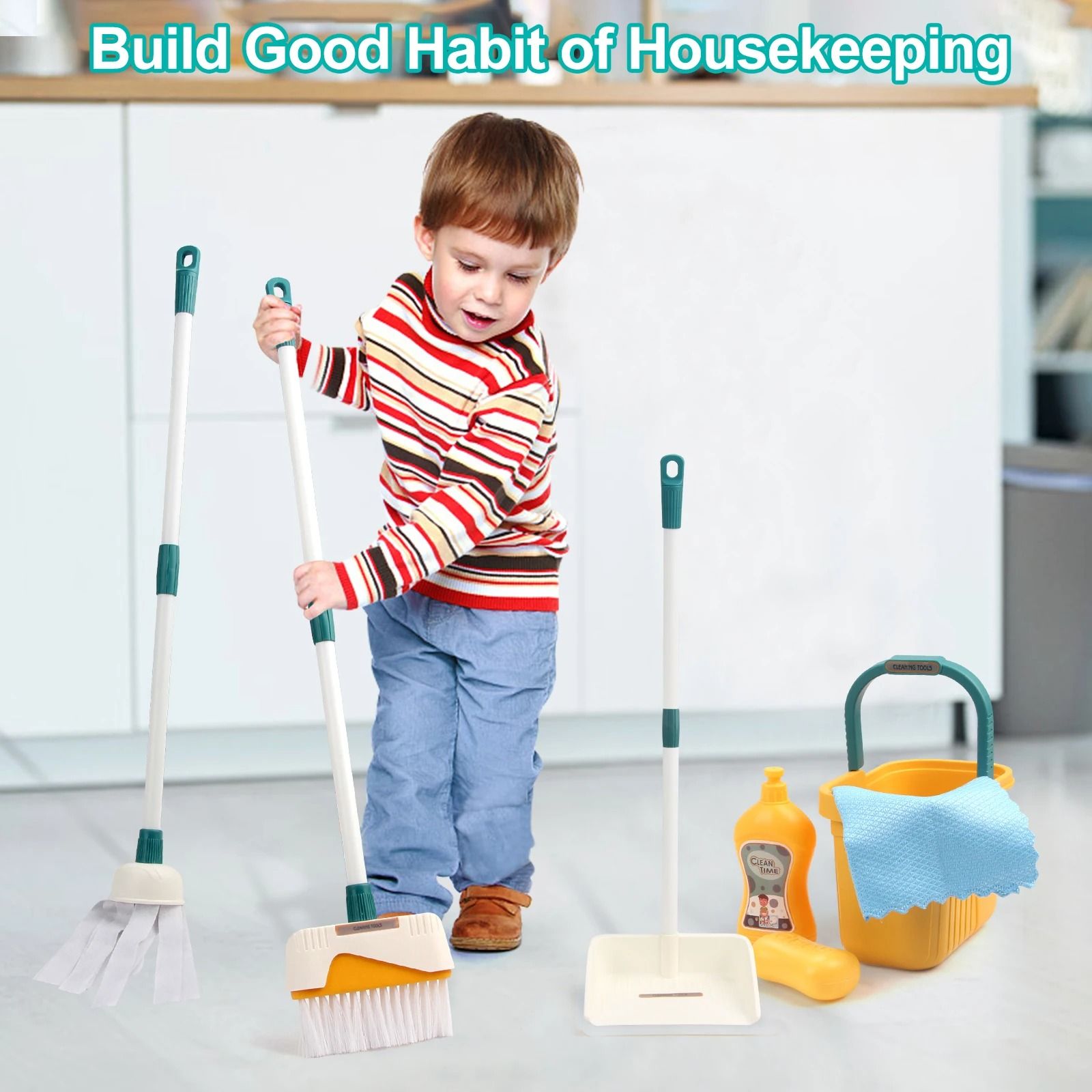Kids Cleaning Set Play House Toy Pretend Cleaning Kit with Broom Mop and Bucket