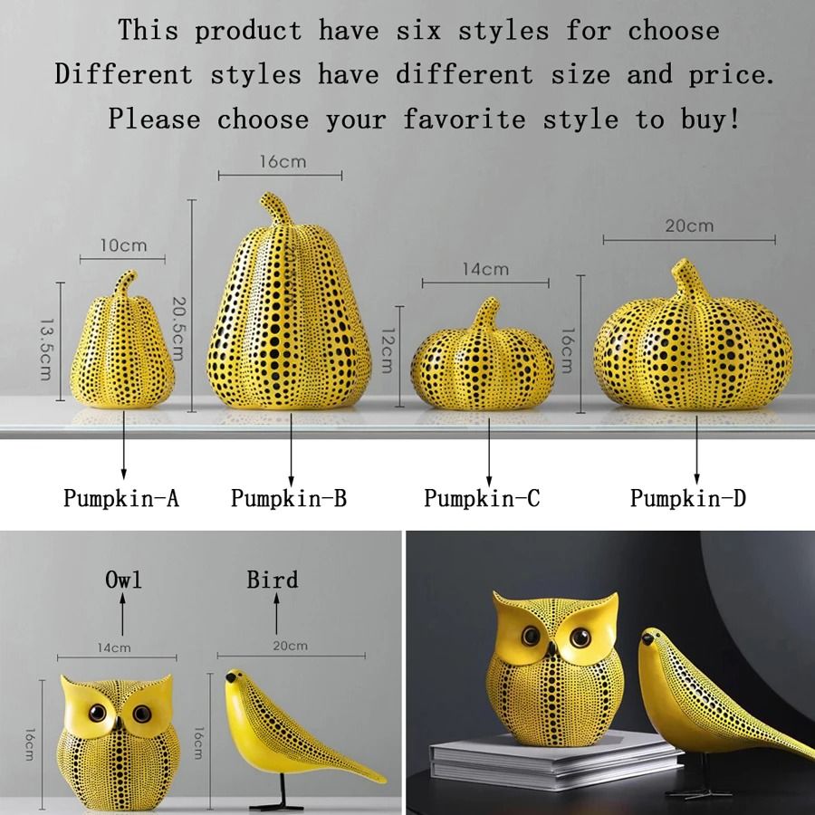 Modern Yellow Wave Point Art Statues | Whimsical Animal & Pumpkin Desktop Sculptures