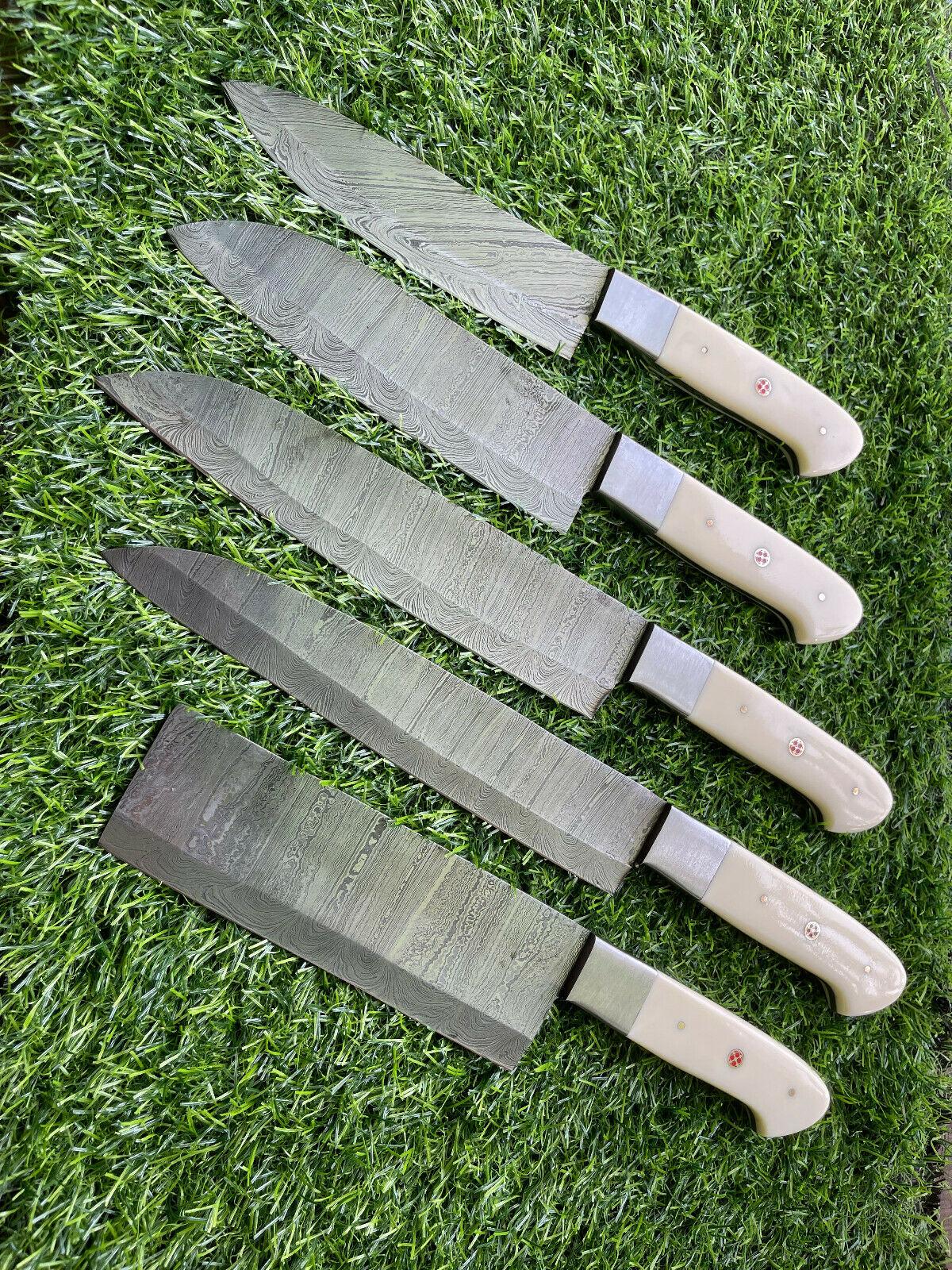 Damascus Steel Kitchen Knives – Handmade 5 Piece Chef Set
