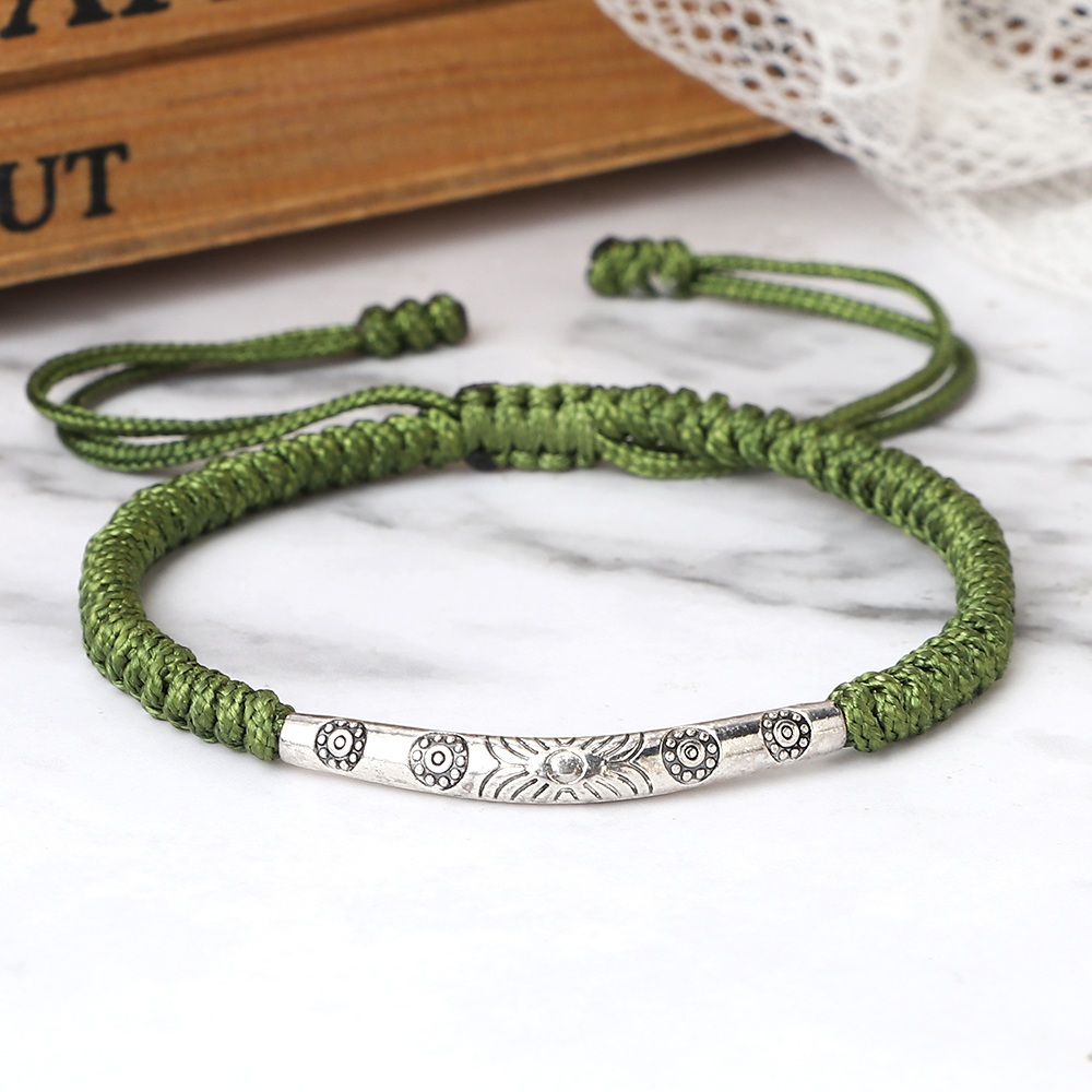 Handmade Woven Lucky Rope Chain Bangle Bohemia Long Tube Carved Flower Pendant Bracelet Jewelry Gift