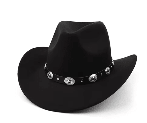 Womens Felt Western Cowboy Hat Studded Pinched Cowgirl Fedora with Wide Brim and Buckle Band