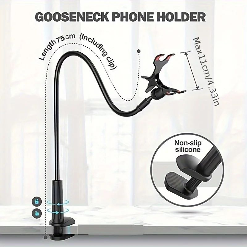 Gooseneck Phone Holder Clamp for Bed & Desk, Hands-Free Phone Mount with Flexible Long Arm