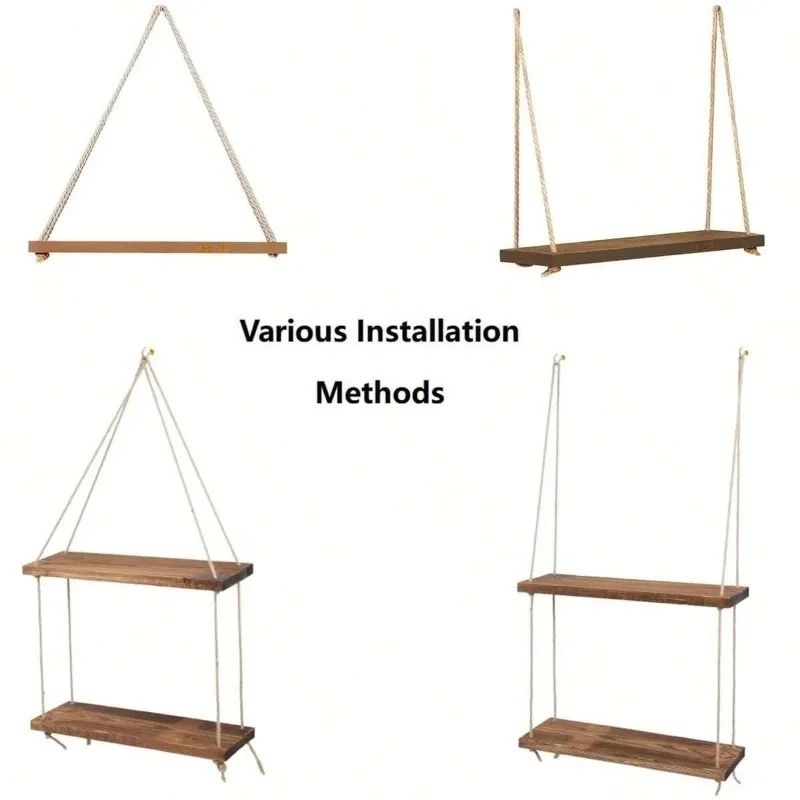 Wooden Hanging Rope Shelf Floating Wall Plant Display Tray