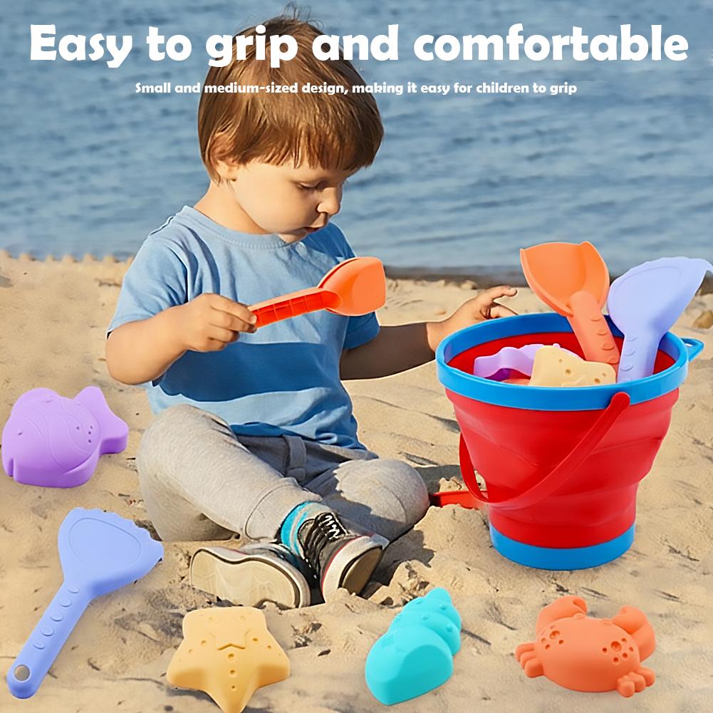 Foldable Beach Toys Set with Collapsible Bucket and Molds Portable Sand Play Kit for Toddlers