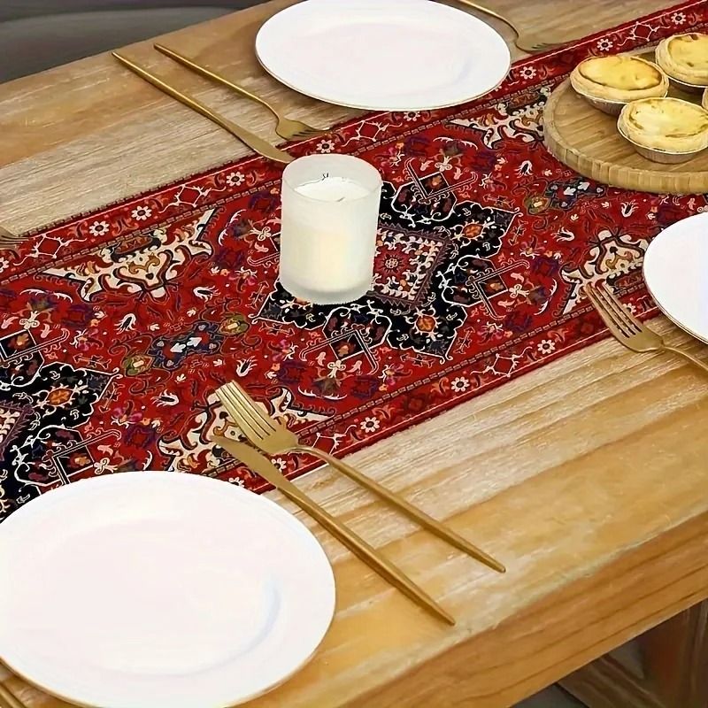 Rich Red Persian Antique Table Runner | Vibrant Bohemian Stripe Pattern (13x70 Inch)
