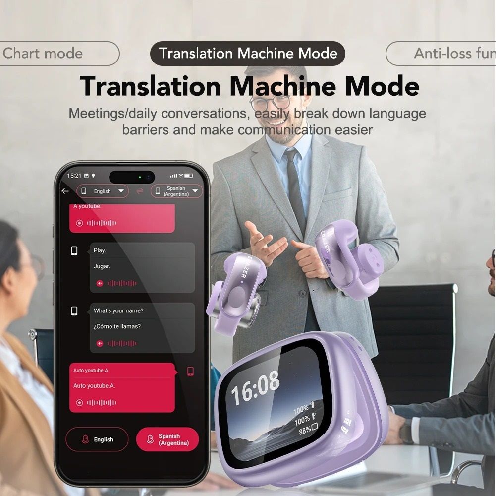 Open Ear Bluetooth Translation Earbuds with Smart Display