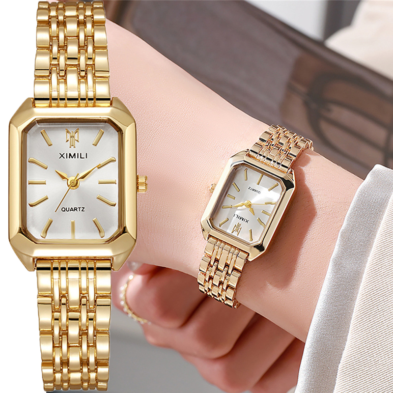 Luxury Ladies Quartz Wristwatches, Women's Fashion Square Watches, Gold Alloy Strap Female Roman Scale Clock