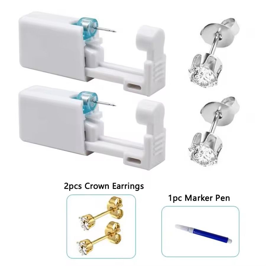 2PCS Disposable Ear Piercing Kit – Built-in Stud Guns + Bonus Cubic Zirconia Earrings | Safe & Easy Home Use Tool