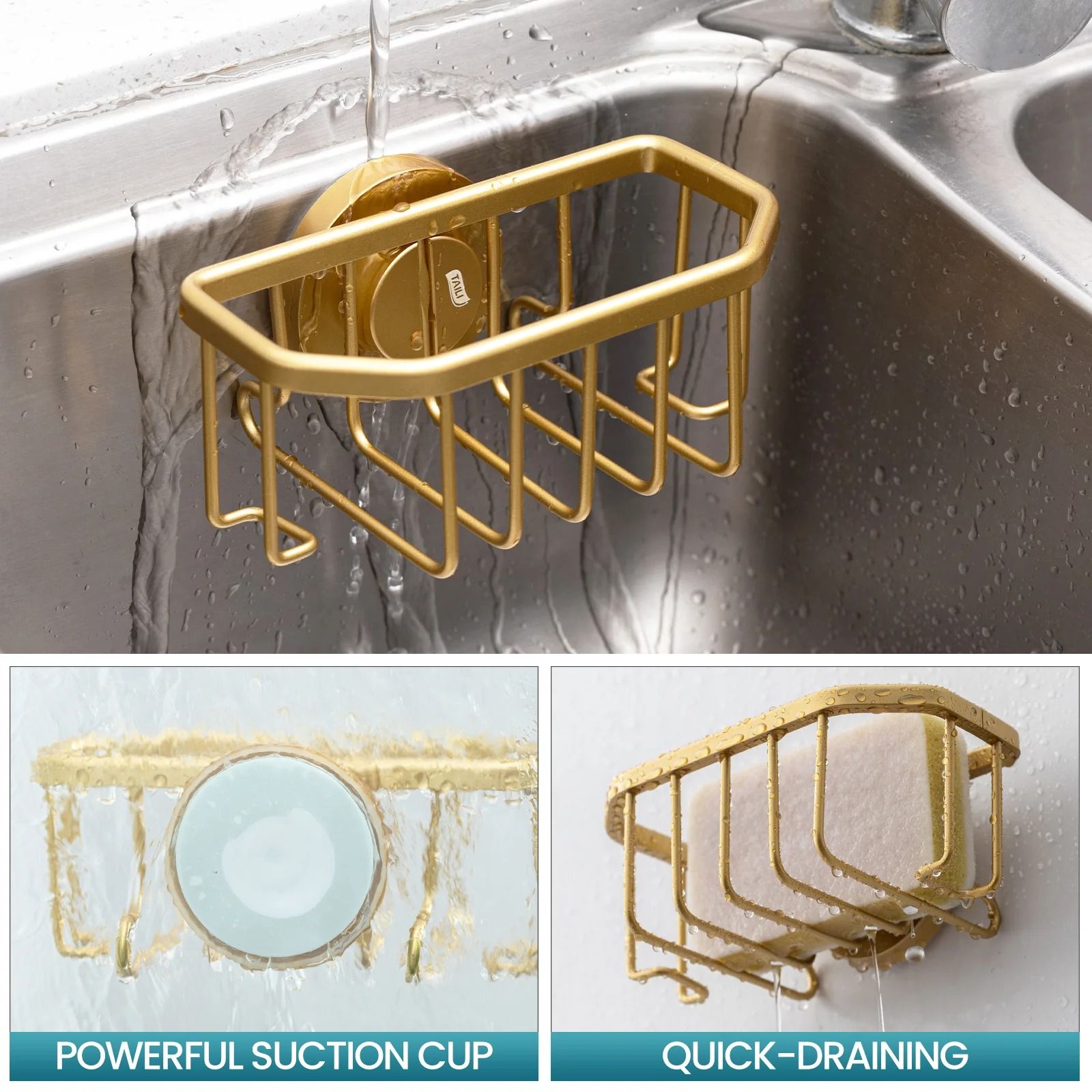 Gold Kitchen Sink Caddy – Rustproof Aluminum Sponge & Brush Holder with Strong Suction