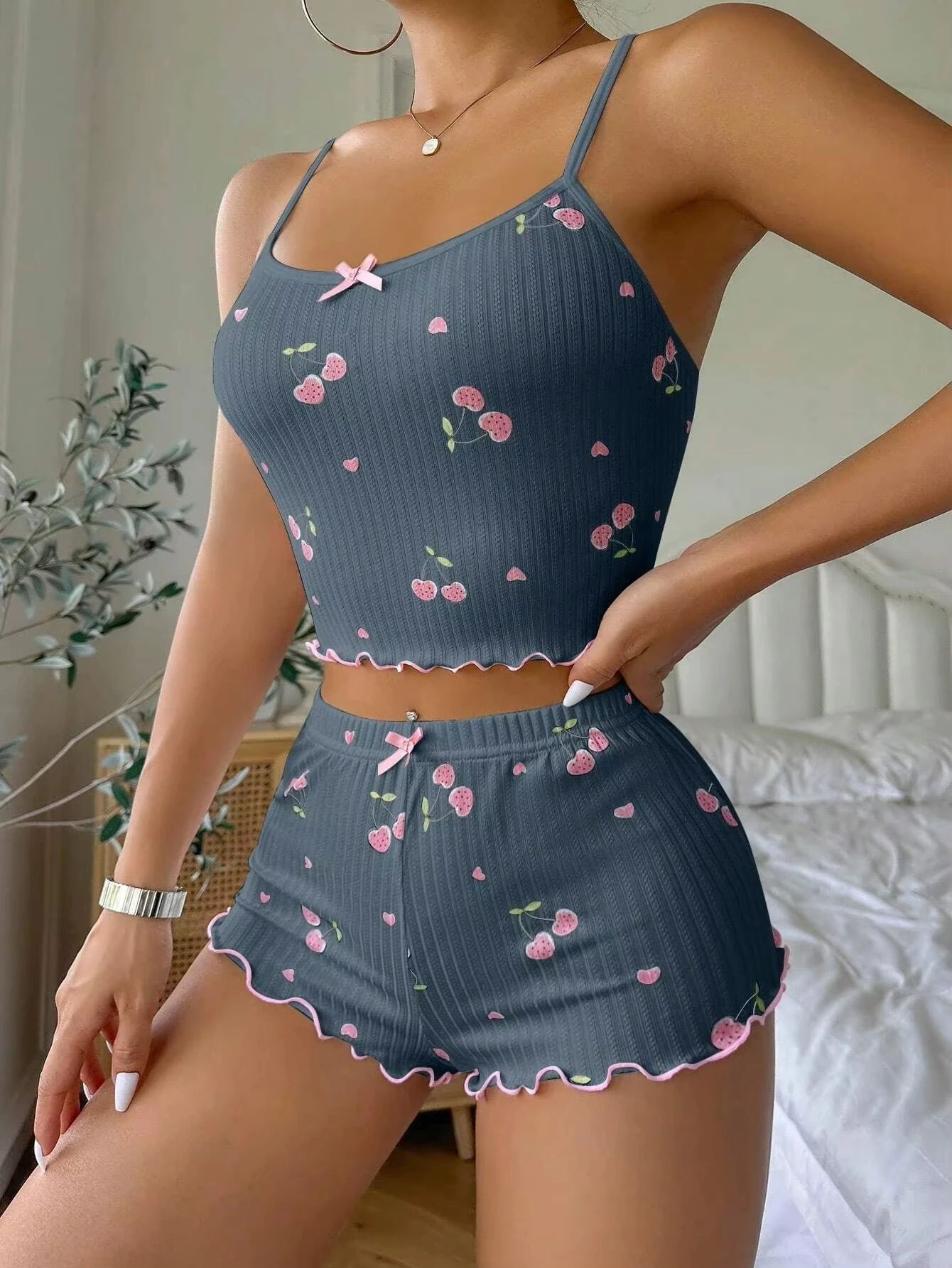 Women Summer Heart Print Ribbed Pajama Set with Backless Cami and Shorts