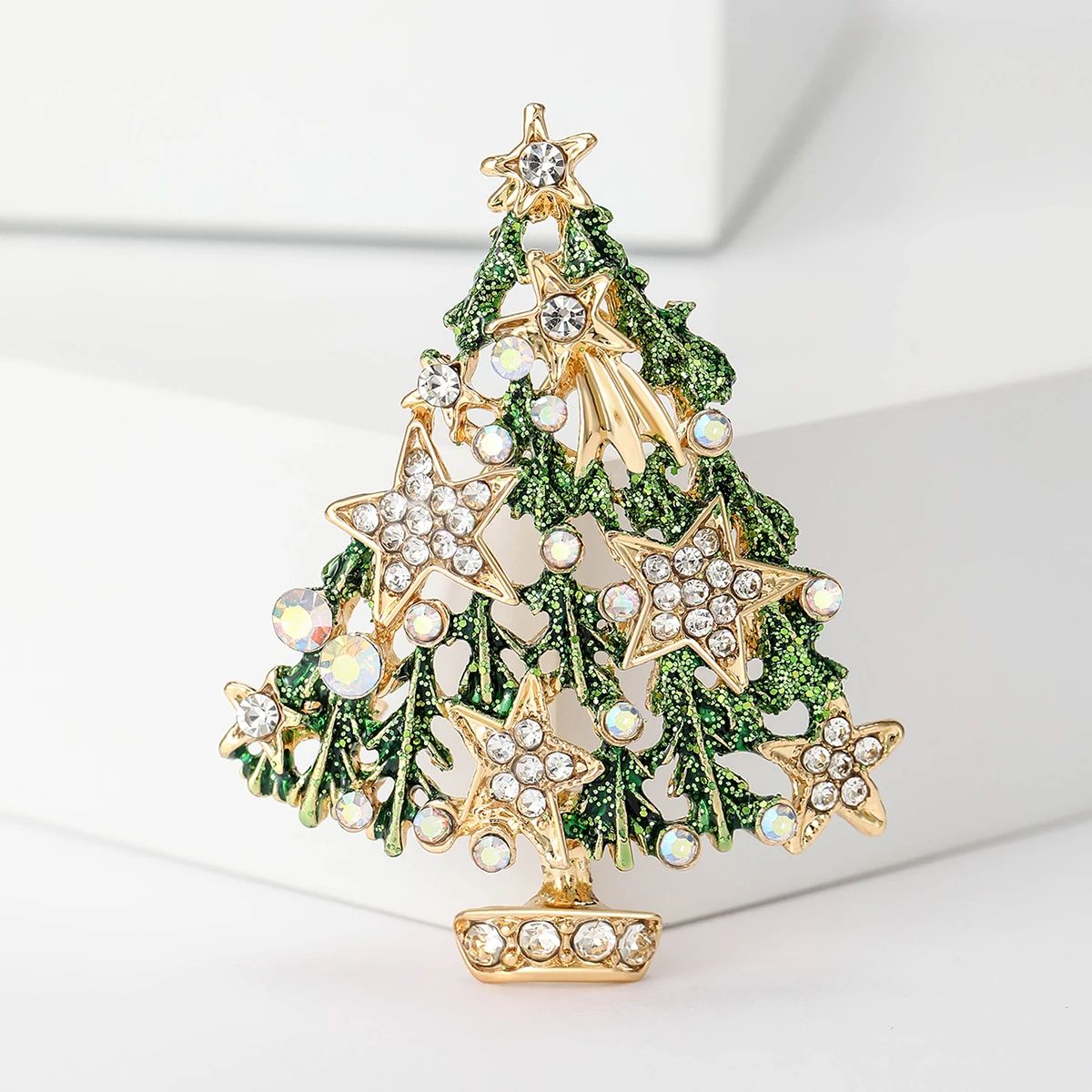 Rhinestone Enamel Christmas Tree Brooch Pin – Festive Holiday Plant Lapel Jewelry for Women & Men