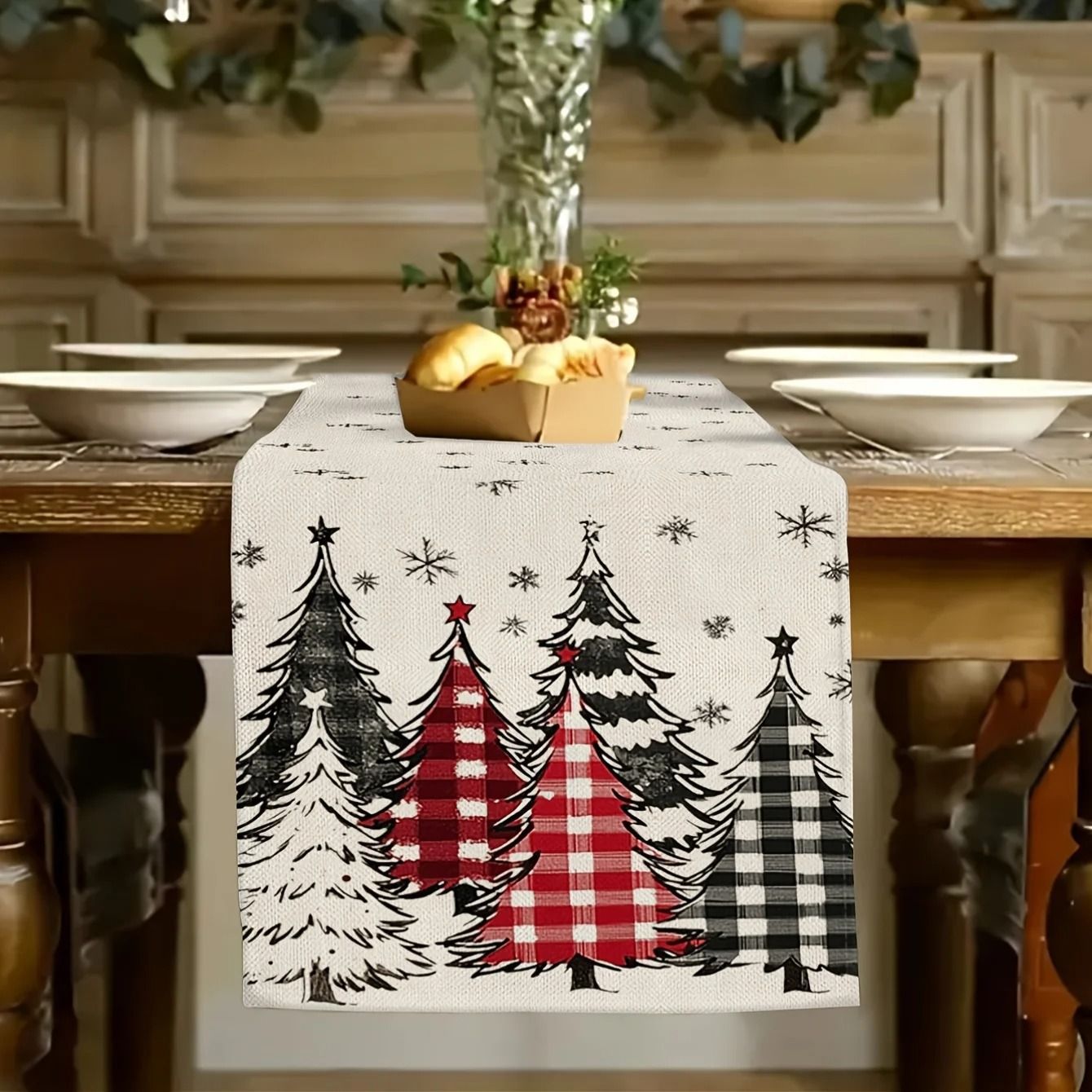 Retro Plaid Christmas Tree Table Runner – Polyester Holiday Dining Decor & Wintertime Seasonal Home Decoration